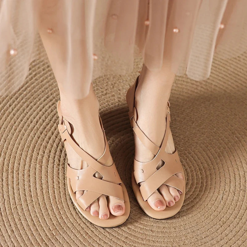 leather cowhide round toe thick Heel
