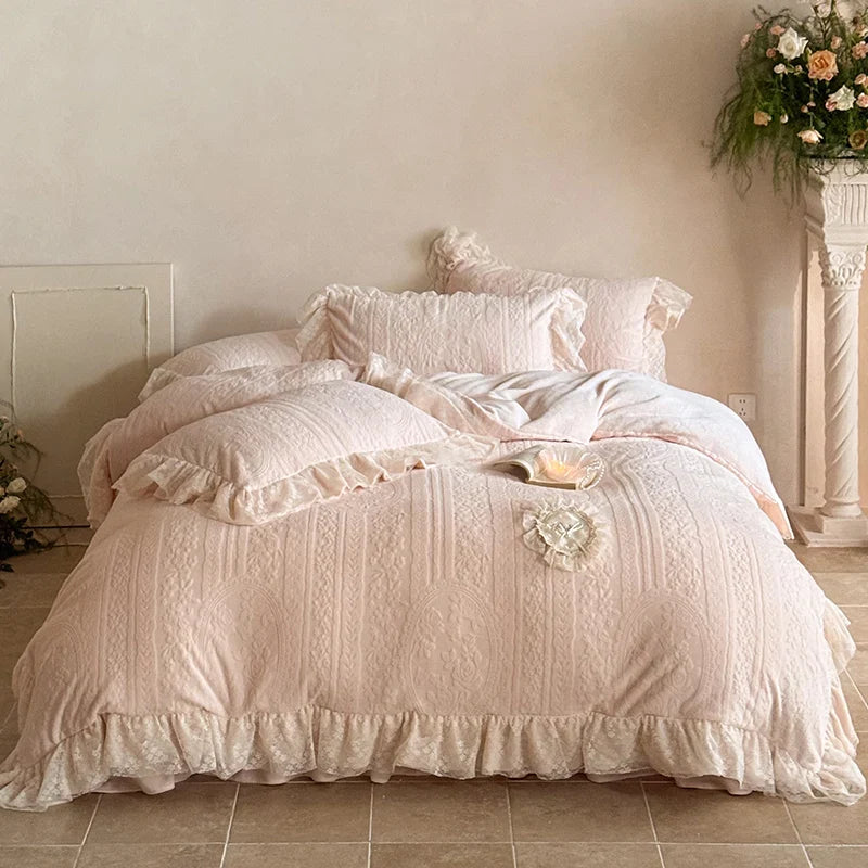 4Pcs French Princess Style Carved Velvet Warm Winter Thickened Bedding Set