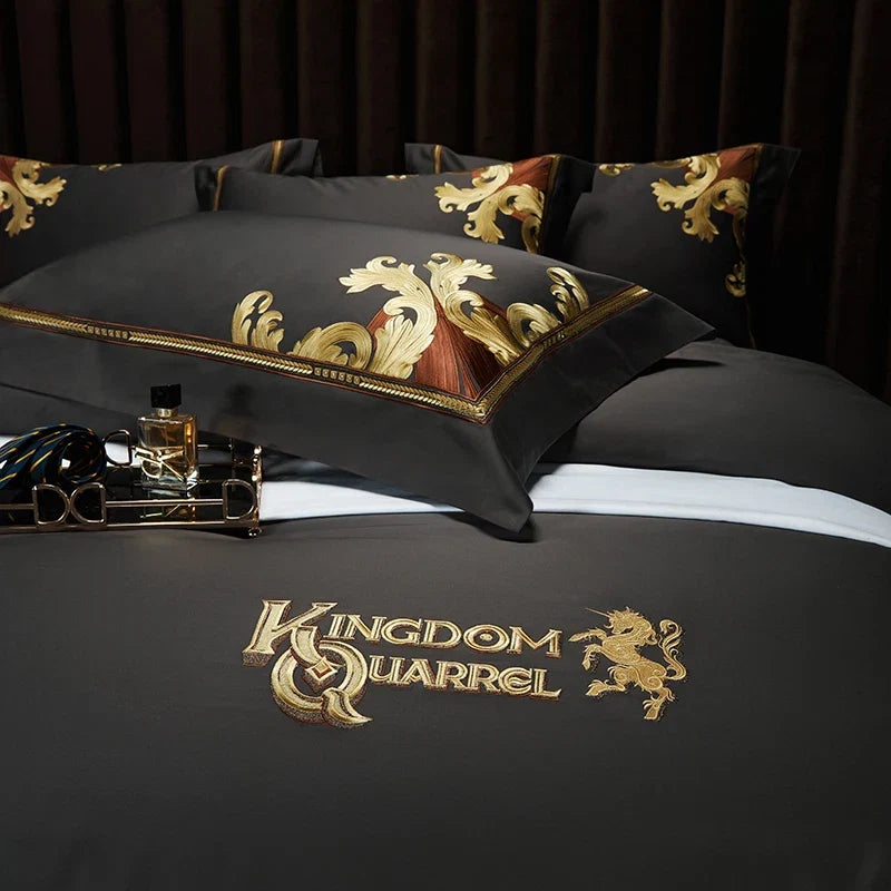 Grey European Luxury Gold Embroidery Bedding Set