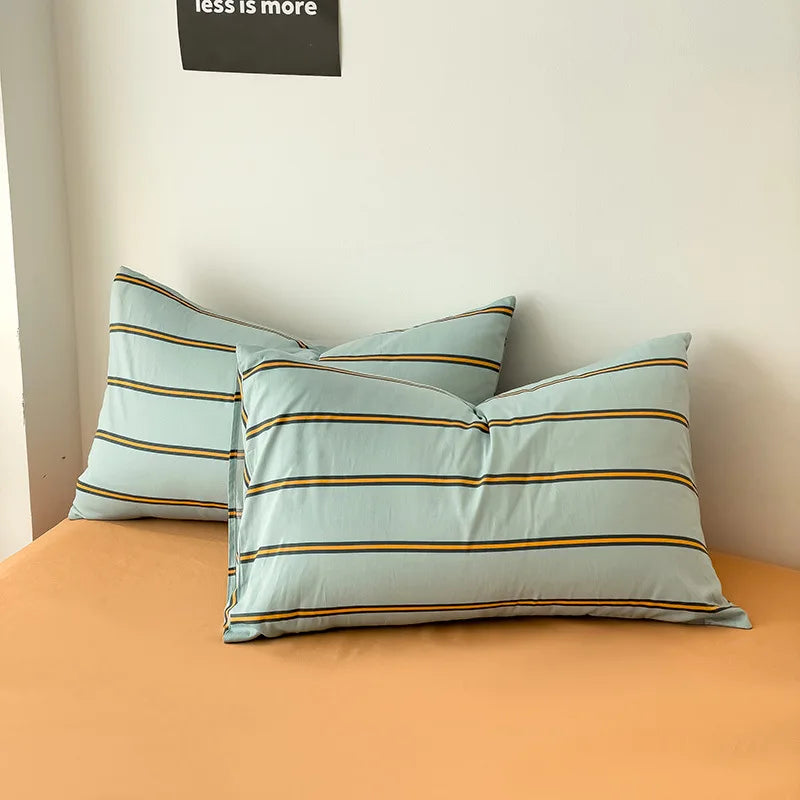 Simple Green Striped Duvet Cover Bed Sheet Pillowcase Set Full Queen King Cotton Bedding Set