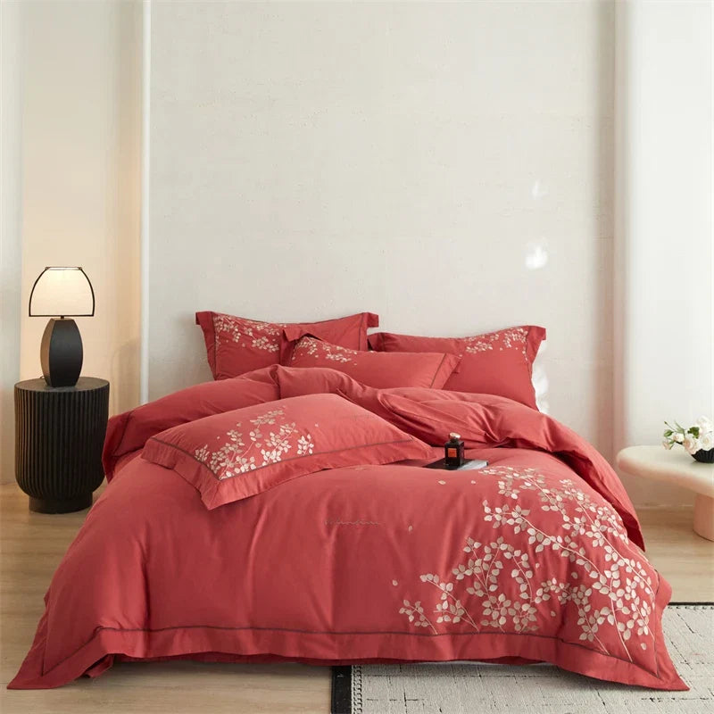 100% Cotton Brushed Autumn Winter Luxury Leaf Embroidery Bedding Set