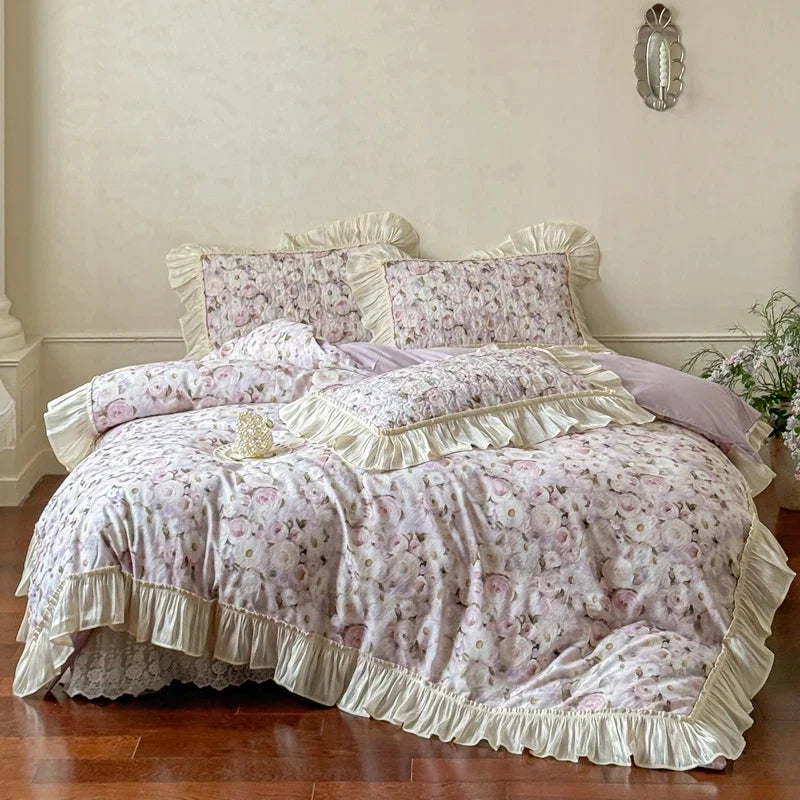 Korean Princess Style Floral Ruffles 100% Cotton Bedding Set