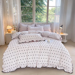 Heart Print Duvet Cover Set Princess Style Lace Ruffles Bedding Set