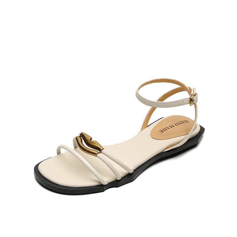 Leather Cowhide Metal Accessories with Elastic Buckle Round Toe Open Toe Shoes