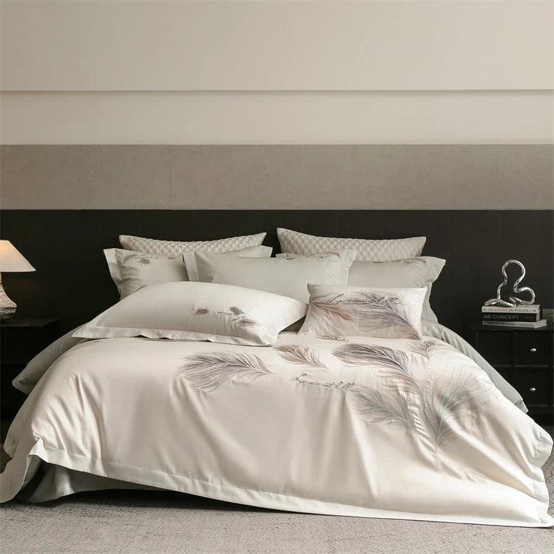 Luxury Feather Embroidery 100% Cotton Bedding Set
