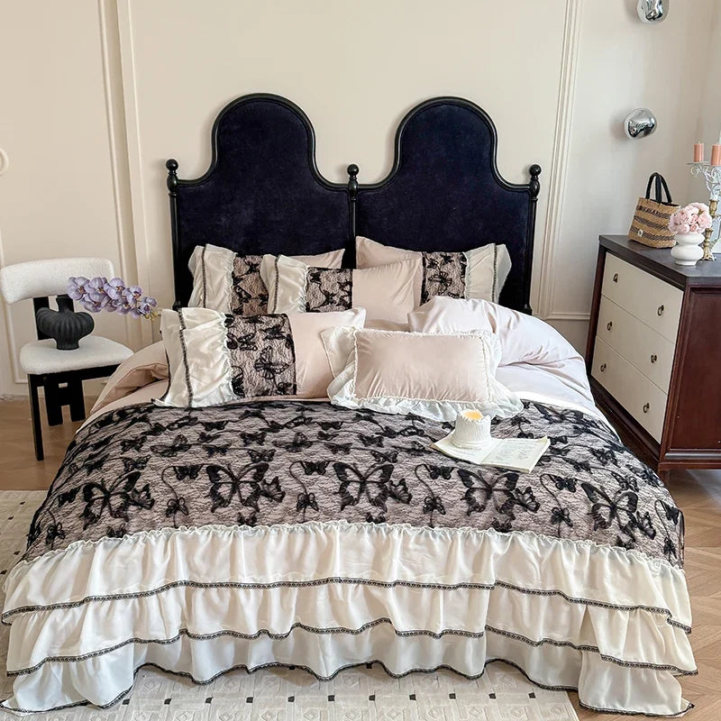 4Pcs French Vintage Princess Style Embroidered Chiffon Lace Ruffle Luxury Bedding Set