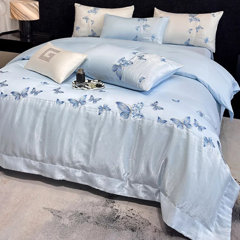 100% Egyptian Cotton Lace Butterfly Embroidery Luxury Bedding Set