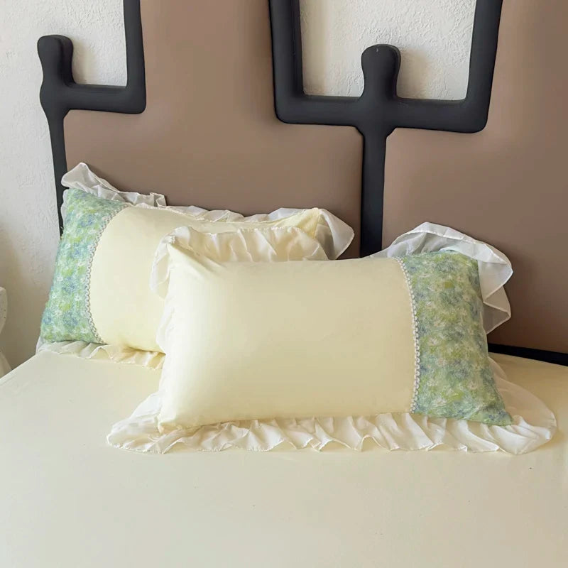 3/4Pcs Korean Princess Style Luxury Haute Couture Chiffon Lace Ruffle Queen/King Size Quilt Cover Bed Skirt Double Bedspreads