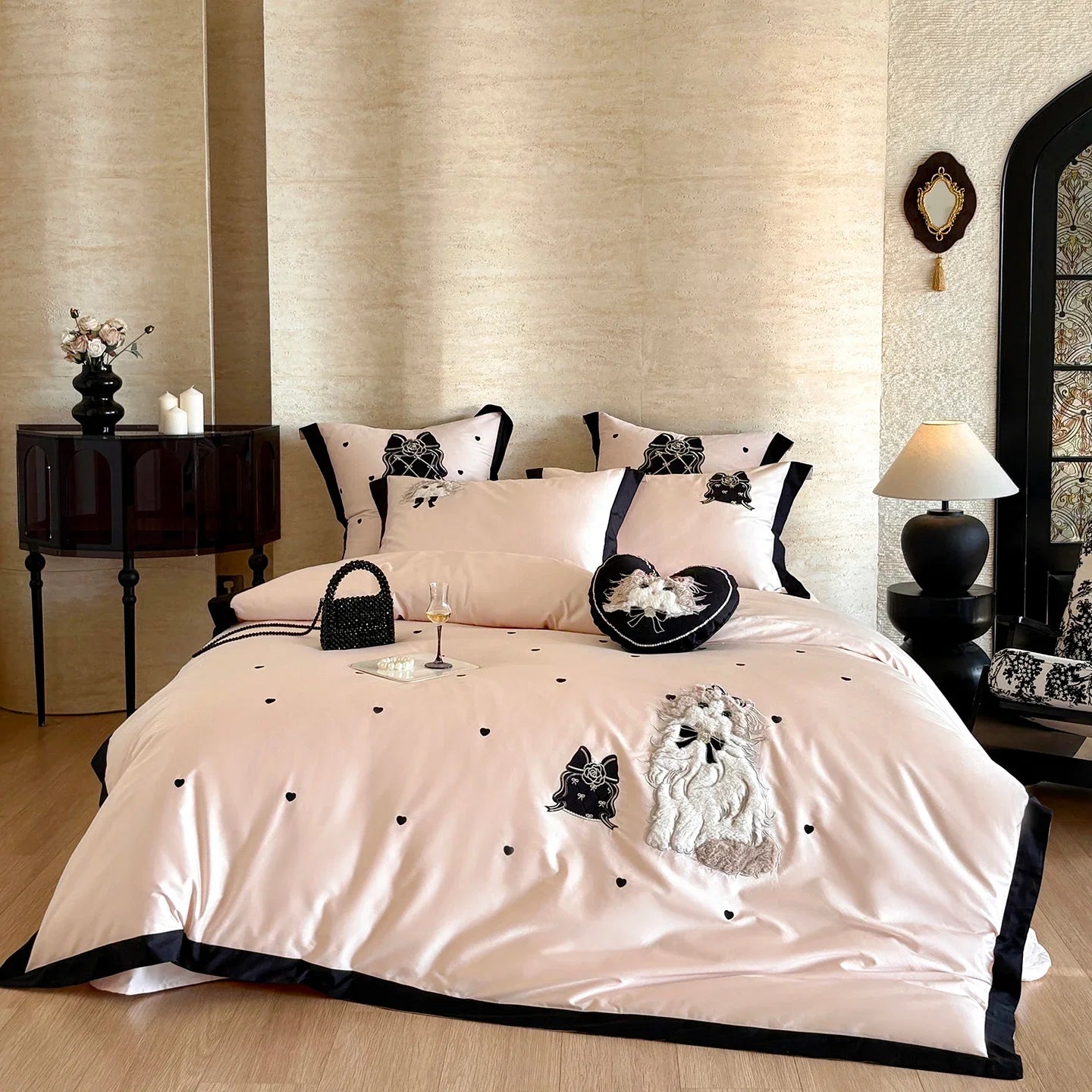 Pink Cute Cat Embroidery Black Wide Edge Luxury Bedding Set