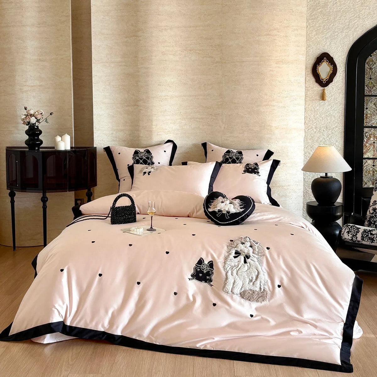 Pink Cute Cat Embroidery Black Wide Edge Luxury Bedding Set