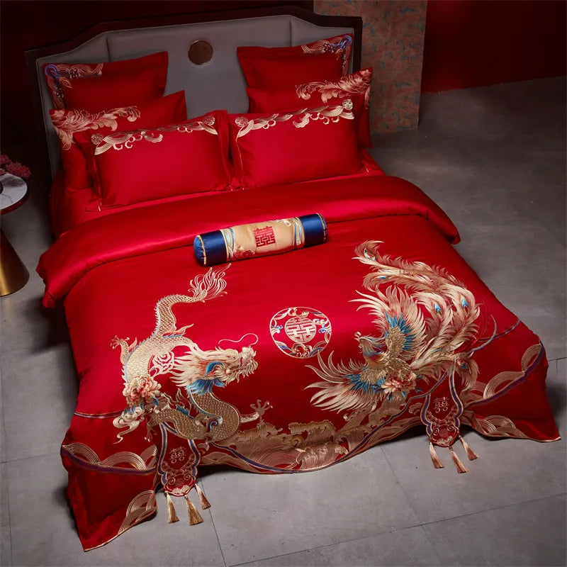 4/6/9Pcs Red Luxury Chinese Wedding Style Dragon Phoenix Embroidery Bedding Set