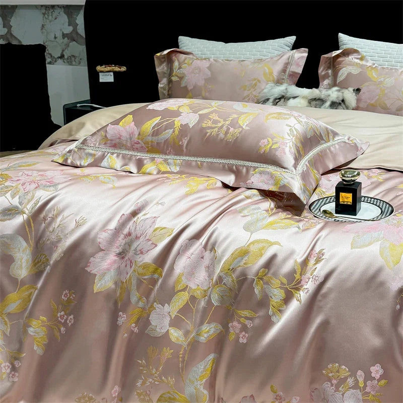 Premium 100S Egyptian Cotton Floral Jacquard Luxury Bedding Ultra Soft Duvet Cover Set Flat/Fitted Bed Sheet Pillowcases 4Pcs