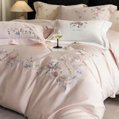 Premium 1000TC Egyptian Cotton Flowers Embroidery Pink Luxury Bedding Set