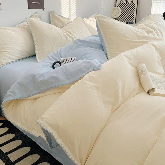 3 Pcs Simple Solid Color Quilt Cover Set with Pillowcases Stitching Design King Queen Size Bedding Set