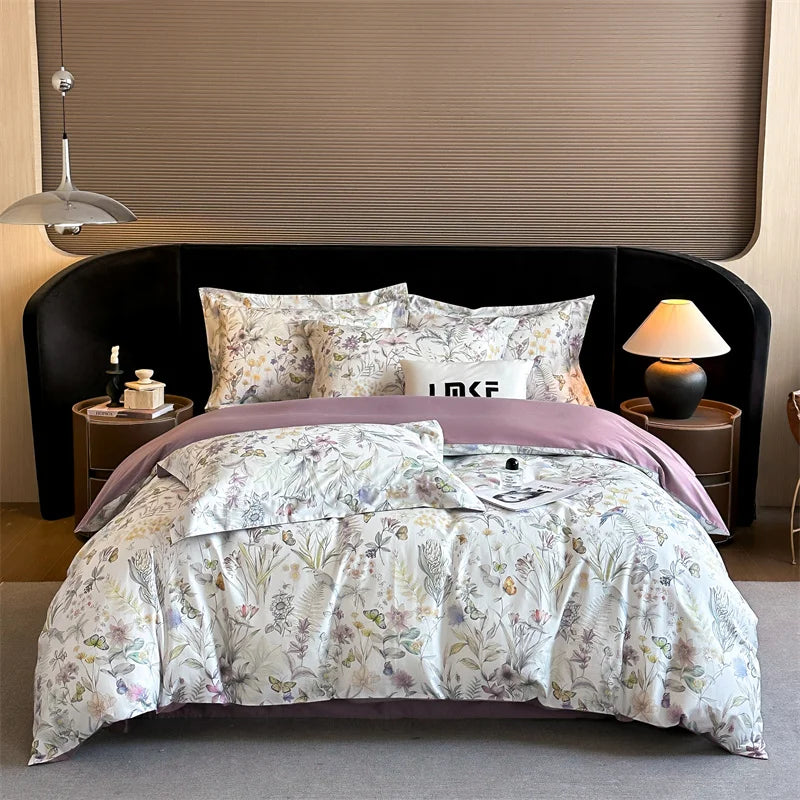600TC Egyptian Cotton Flowers Butterfly Print Bedding Set