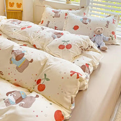 Ins Bear Duvet Cover Set with Zipper Fashion Girls Boys Kids Flat Bed Sheet Pillowcases No Filler Single Queen Size Bedding Set