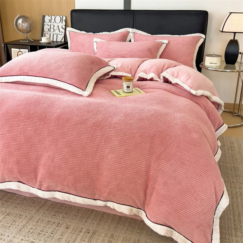 Winter Coral Velvet Duvet Cover Set with Bed Sheets and Pillowcase Warm Keep Skin Friendly Bedding Four Piece Set Quilt Cover