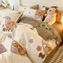 Ins Bear Duvet Cover Set with Zipper Fashion Girls Boys Kids Flat Bed Sheet Pillowcases No Filler Single Queen Size Bedding Set
