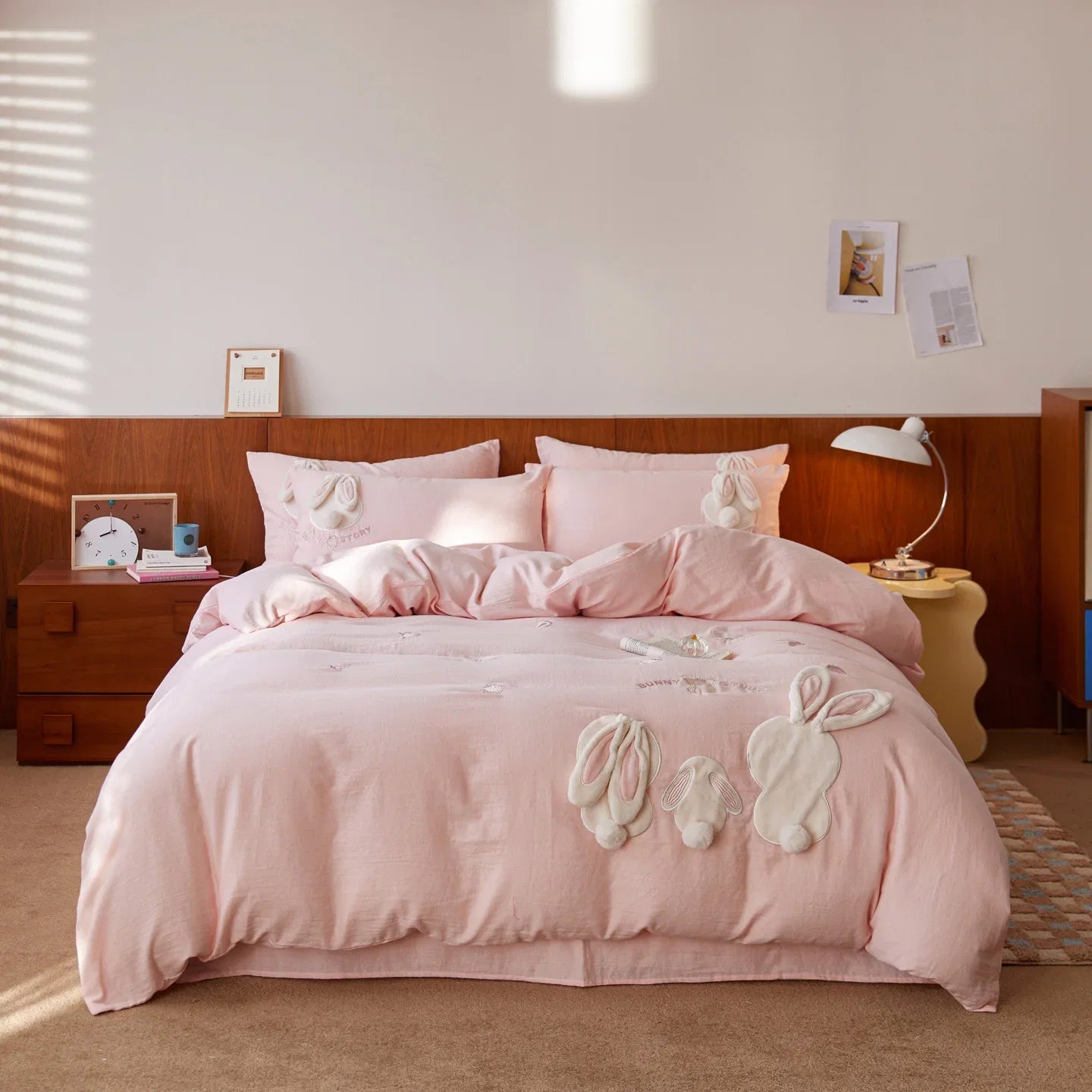 Pink Cute Rabbit Applique Embroidery 100% Cotton Bedding Set