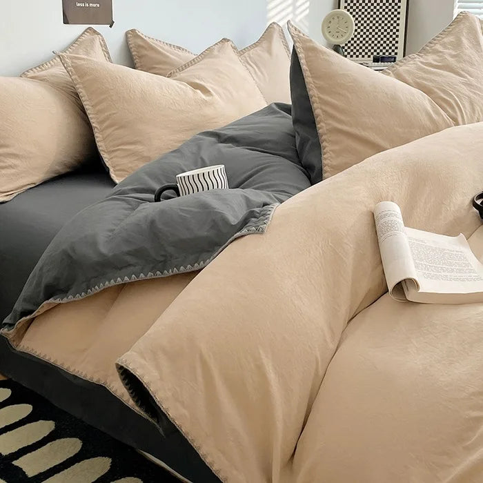 3 Pcs Simple Solid Color Quilt Cover Set with Pillowcases Stitching Design King Queen Size Bedding Set