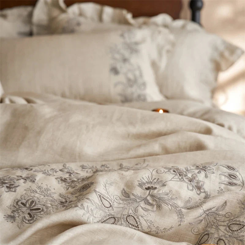 100% Pure Linen Flowers Embroidery Ruffles Luxury Queen King Size Bedding Set
