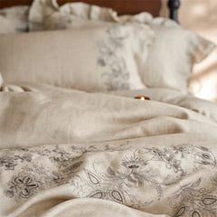 100% Pure Linen Flowers Embroidery Ruffles Luxury Queen King Size Bedding Set