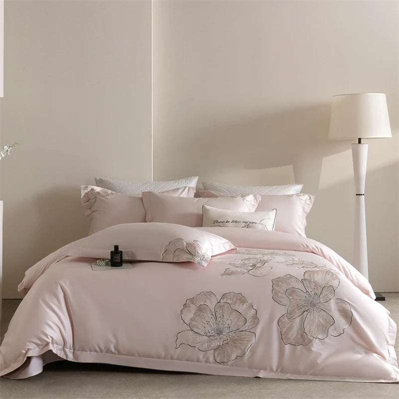 Pink Elegant Flowers Embroidery 100% Cotton Luxury Bedding Set