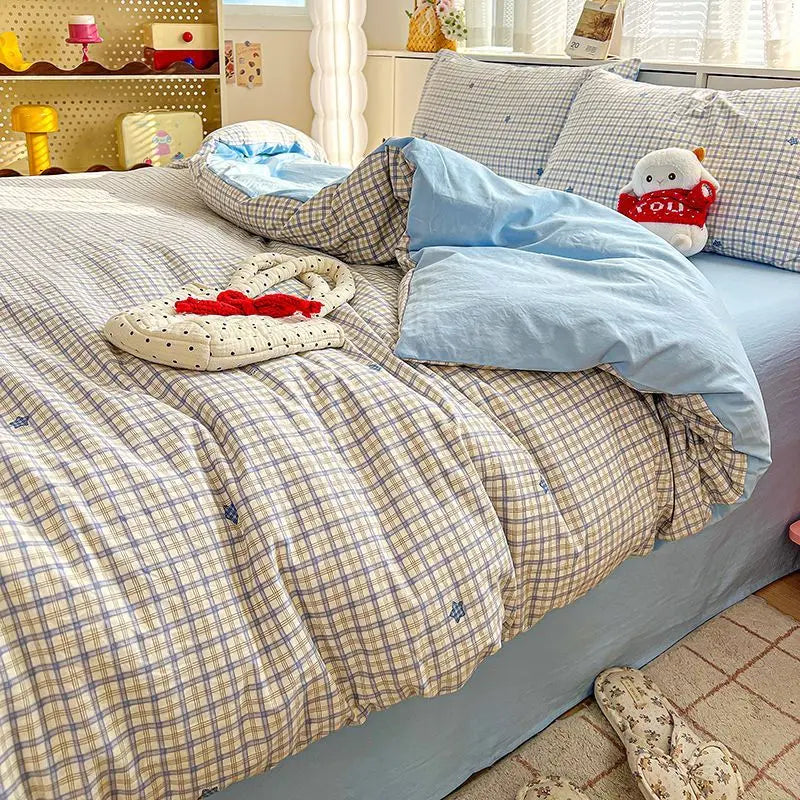 Duvet Cover Set Fashion Twin Double Size Girls Boys Flat Sheet Pillowcase No Filler Plaid Soft Bedding Set