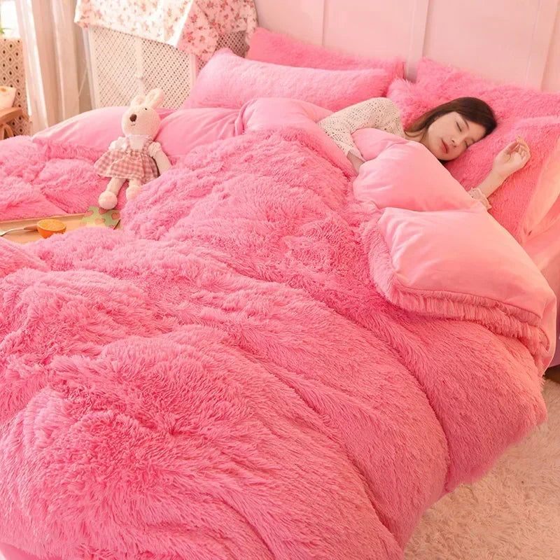 Solid Color Fluffy Long Plush Winter Bedding Set