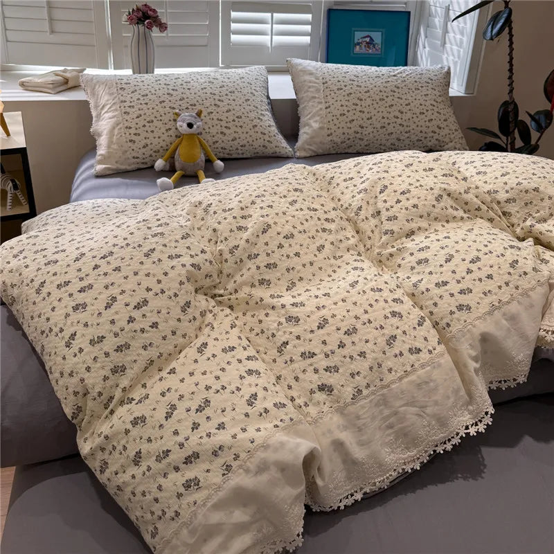 3/4Pcs Korean Princess Style Floral Ruffles Soft Bedding Set