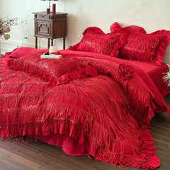 Red Tassel Design Lace Ruffles Princess Wedding Bedding Set