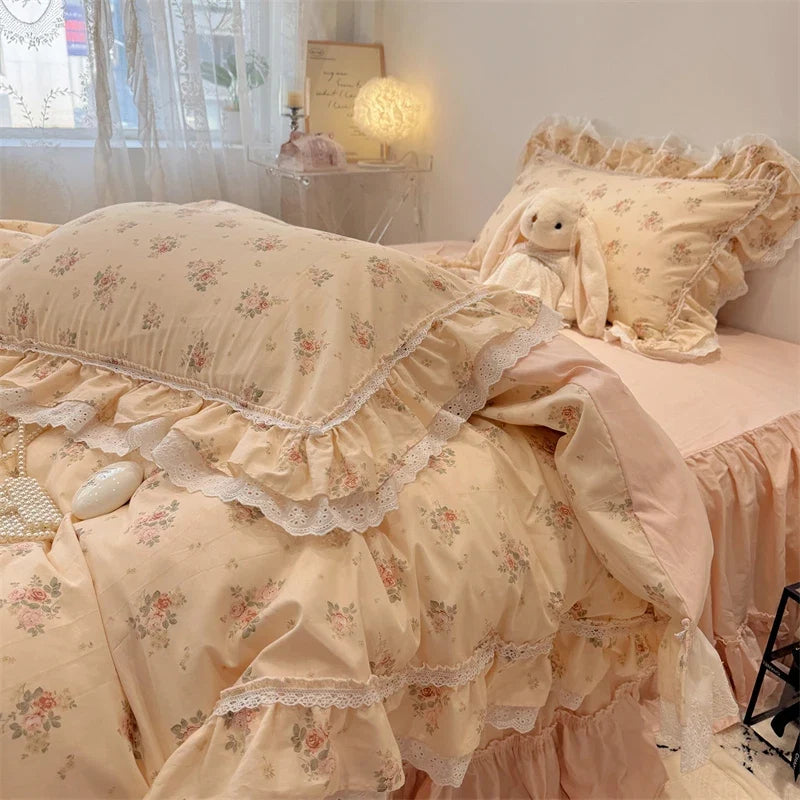 3/4Pcs Korean Princess Style Floral Lace Ruffle 100% Cotton Bedding Set