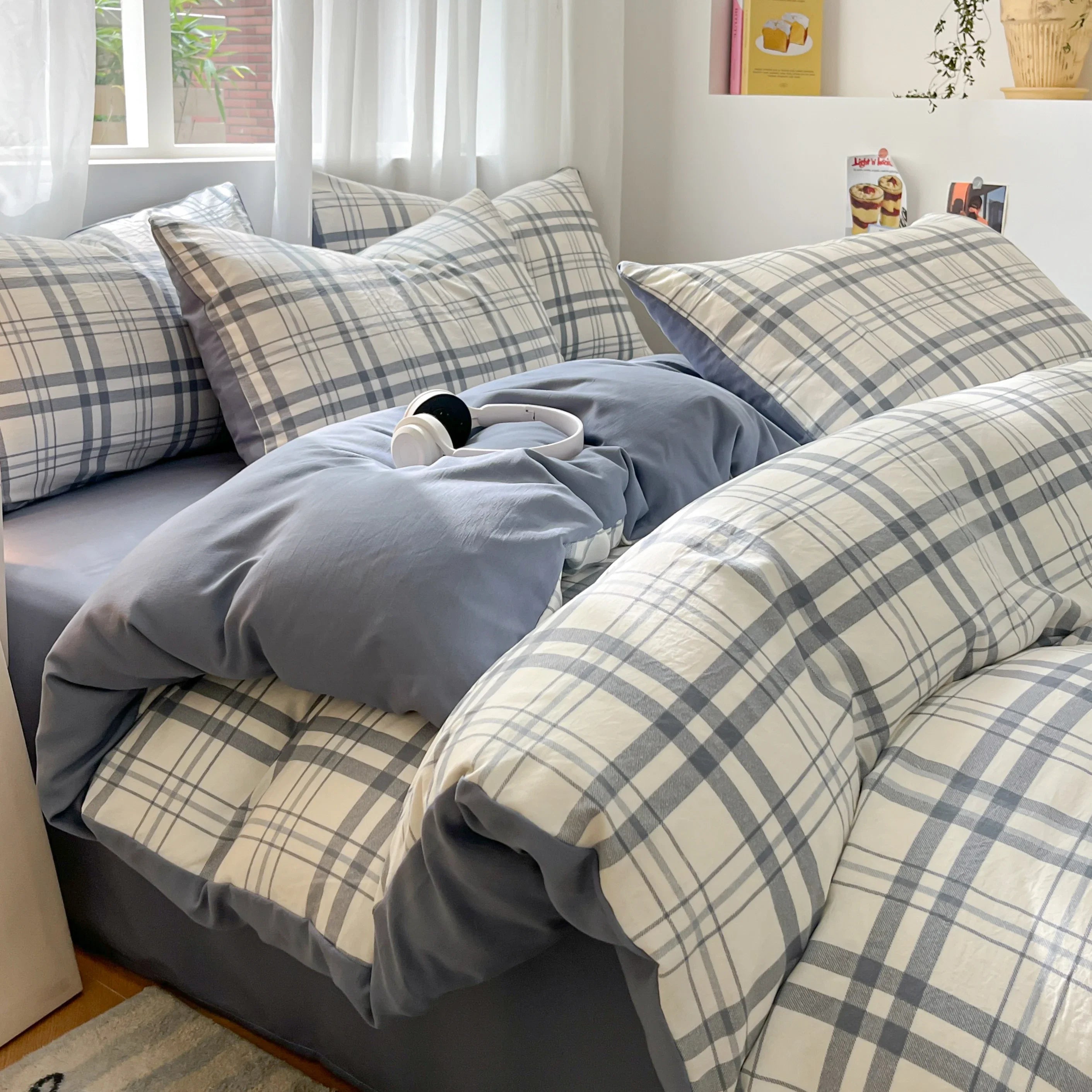 3/4 Pcs Blue Checkered Bedding Set