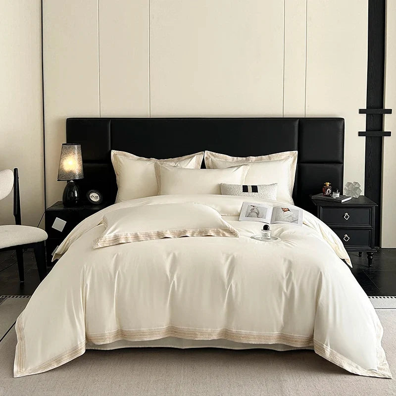 600TC Egyptian Cotton Embroidery Wide Edge Luxury Solid Color Bedding Set