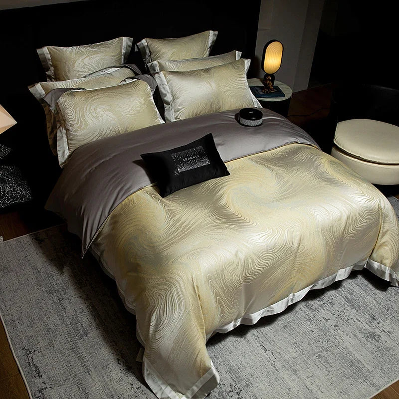 4Pcs Luxury Black Gold Brocade Jacquard Egyptian Cotton Patchwork Bedding Set