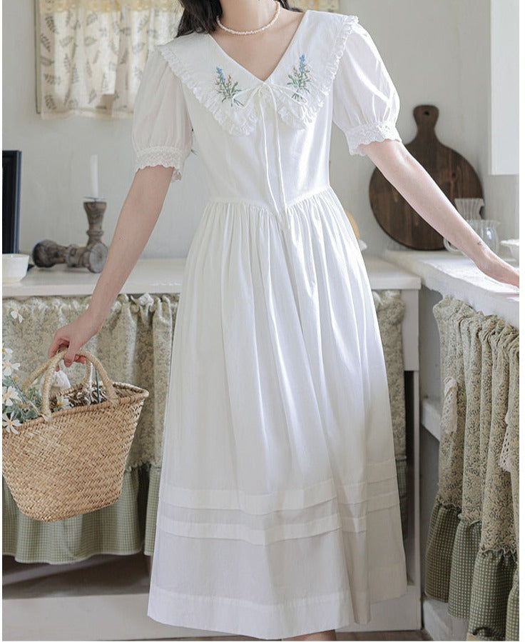 Heidi Flower Embroidered White Cottagecore Dress