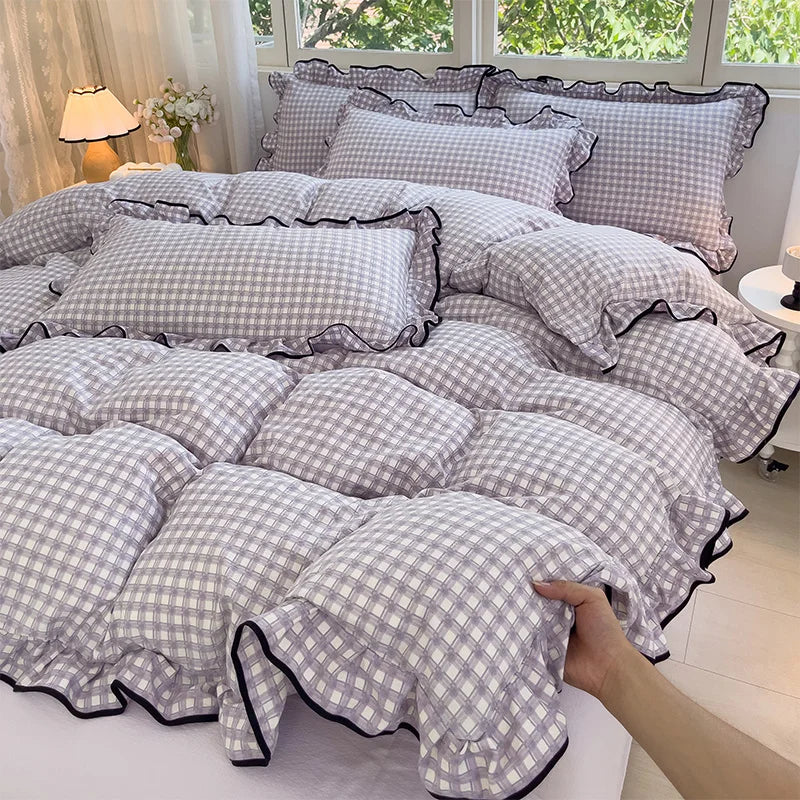 Heart Print Duvet Cover Set Princess Style Lace Ruffles Bedding Set