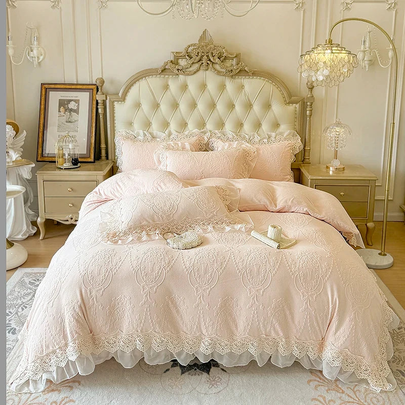 Vintage French Lace Ruffles Carved Velvet Warm Thickened Winter Bedding Set
