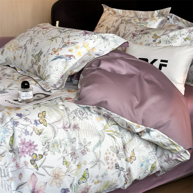 600TC Egyptian Cotton Flowers Butterfly Print Bedding Set
