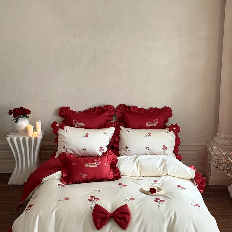 4Pcs Rose Embroidery Bow Ruffles Princess Wedding Bedding Set