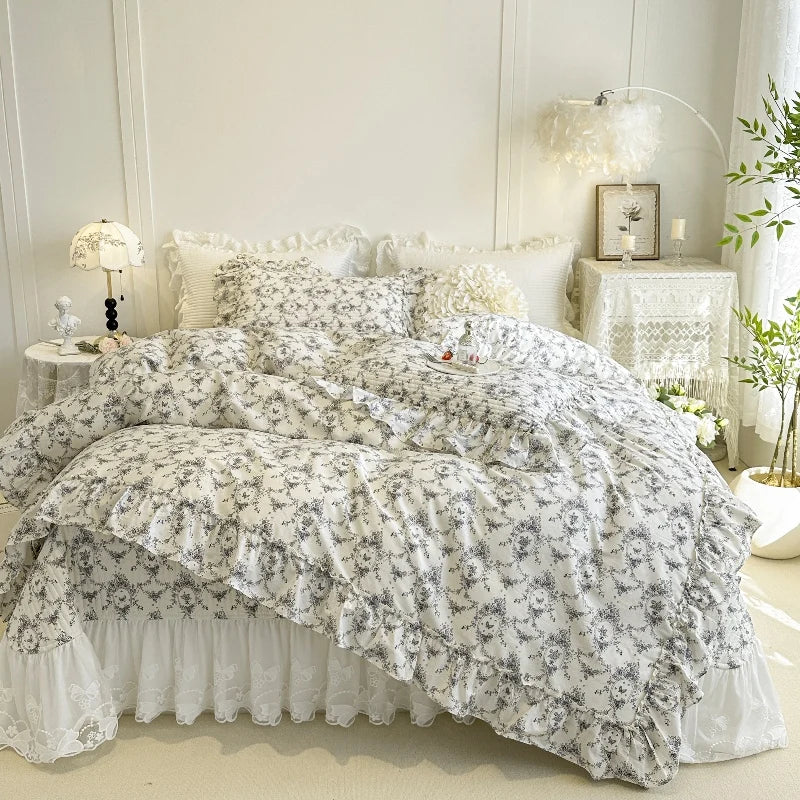 4/6Pcs Pure Cotton French Flowers Prints Ruffles Princess Bedding Set