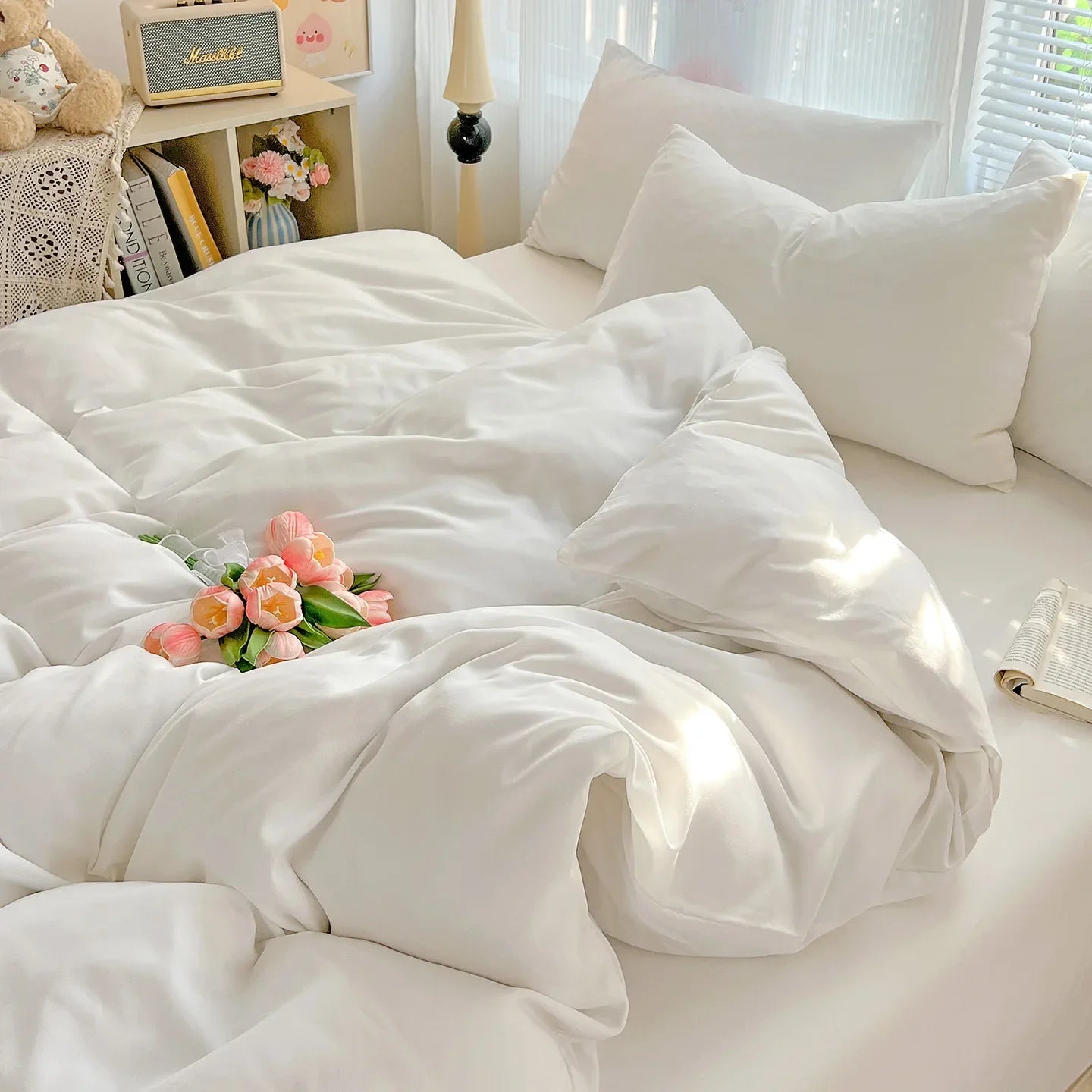 4pcs Duvet Cover Set with Sheet and Pillowcases Solid Color Bedding Set
