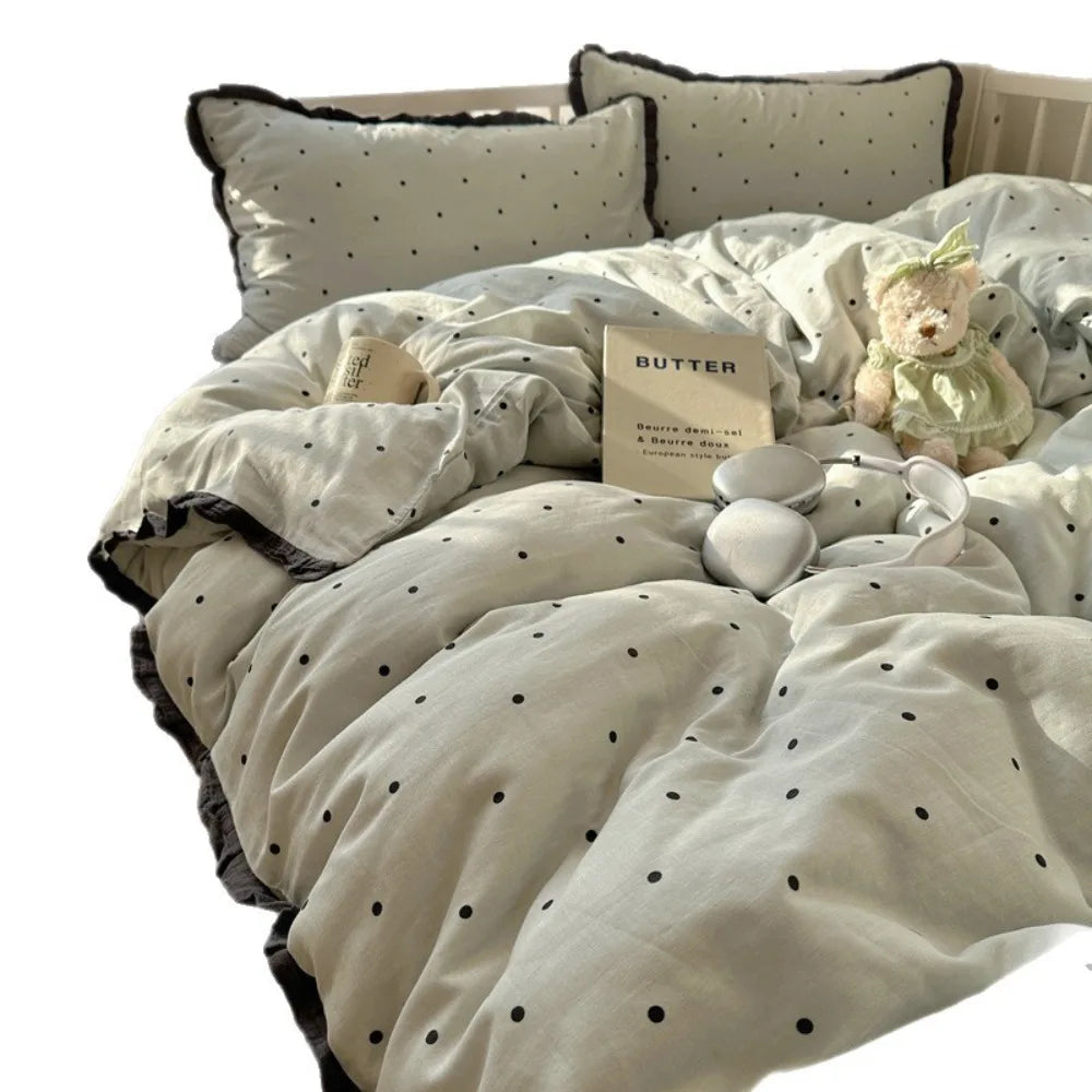 French Style Lace Trim Washed Cotton 4 Piece Bedding Set
