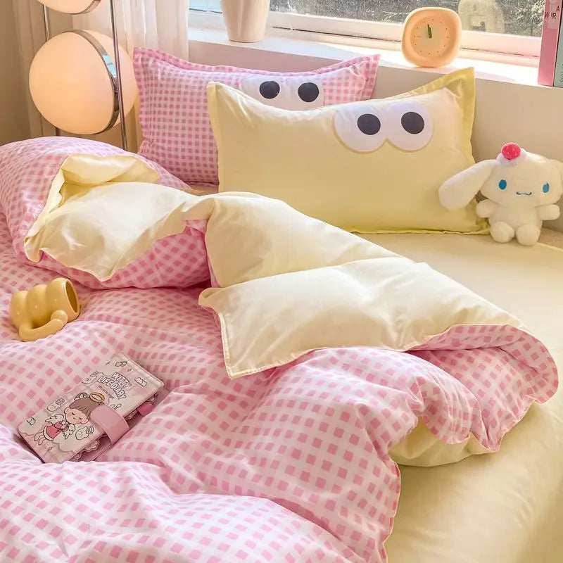 Cute Korean Style Duvet Cover Set No Filler Green Pink Mix Color Flat Sheet Pillowcases Polyester Twin Queen Size Bed Linens