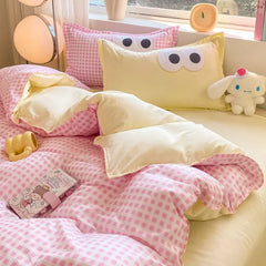 Cute Korean Style Duvet Cover Set No Filler Green Pink Mix Color Flat Sheet Pillowcases Polyester Twin Queen Size Bed Linens