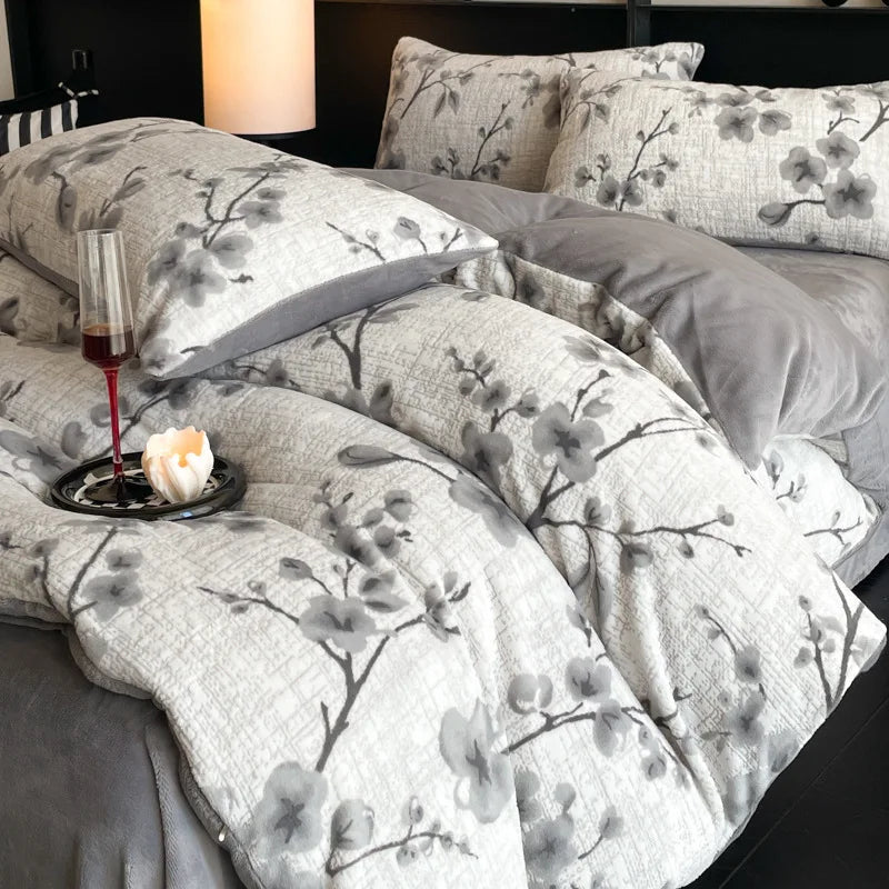 Winter Warm Velvet Duvet Cover Set Printed Queen Bedding Set