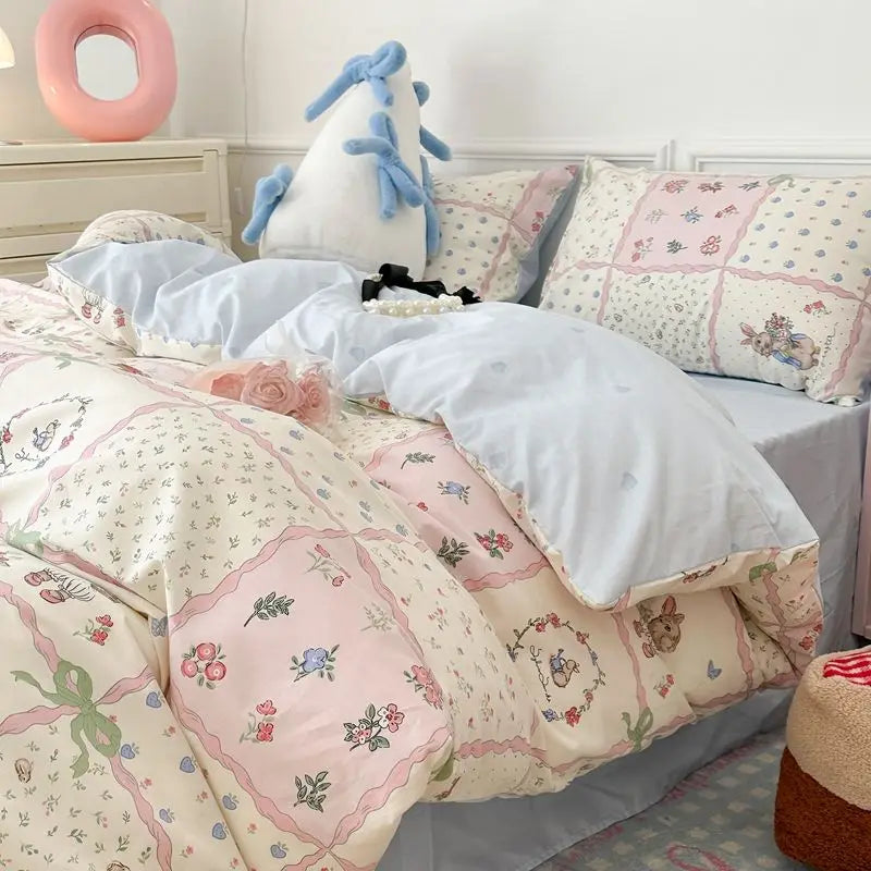 Cute Cherry Duvet Cover Set with Pillowcase Soft Summer Thin Flat Sheet Floral Boys Girls Queen Full Size Home Bedding Kit