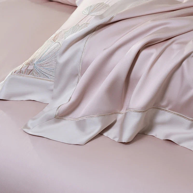 4Pcs Luxury Lotus Flowers Embroidery 1200TC Lyocell Cotton Soft Silky Bedding Set