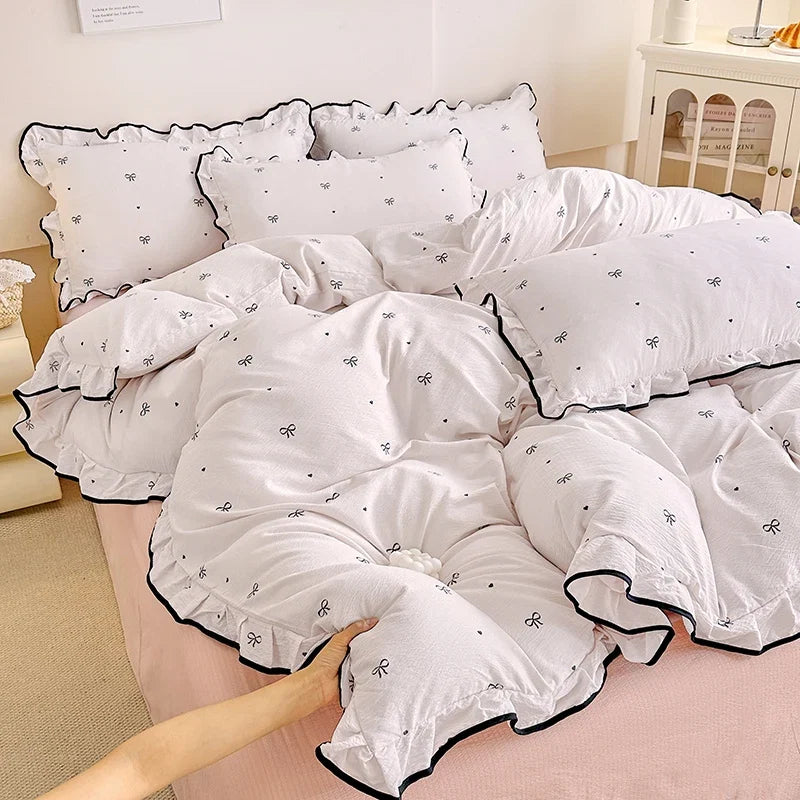 Heart Print Duvet Cover Set Princess Style Lace Ruffles Bedding Set