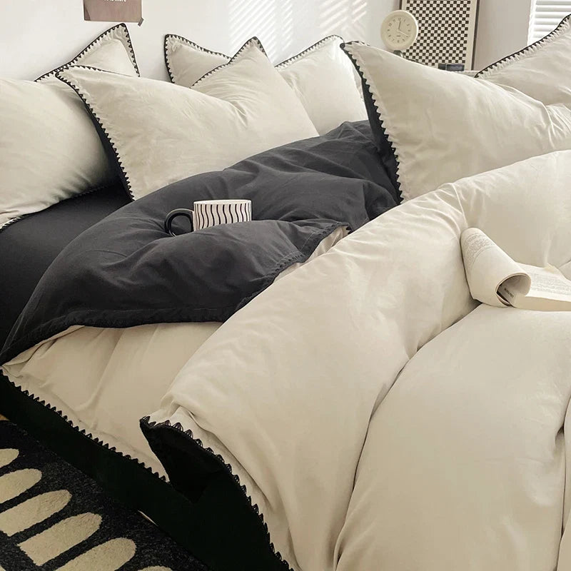 Solid Color Soft Duvet Cover Set Skin Friendly Washable Cotton Queen Bedding Set
